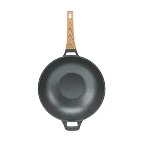 Deep Wok Pan Double Ear Non-rusting Die-casting Aluminum Nonstick Granite Deep Wok Pan With Wooden Handle