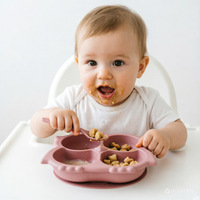 Assiette Bébé en Silicone en Forme de Hibou, Qualité Alimentaire, Sans BPA, 3 Compartiments, avec Ventouse, Vaisselle Antidérapante pour Tout-petits, Vente en Gros