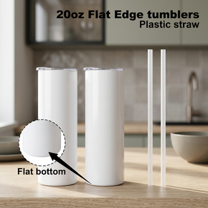USA Stock 20oz Stainless Steel Vacuum Insulated Flat Tumbler with Plastic Straw Minimalist Design - Product Image 2