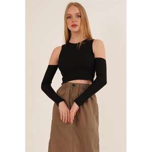 Blouse noire à col rond pour femmes en gros, détail d'épaule, logo brodé, paillettes, tissu en maille de soie pour l'automne et le printemps, taille XL - Product Image 3