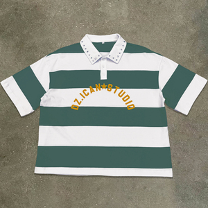เสื้อยืดคอตตอน 100% ทรงดรอปไหล่ ตัดสั้น สตรีทแวร์ ลายทาง เสื้อยืดโอเวอร์ไซส์ เสื้อโปโลปักคริสตัลแบบหนาพิเศษสั่งทำได้ - Product Image 3