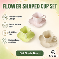 Ensemble élégant de tasse à café et soucoupe en céramique en forme de fleur avec bord doré pour le thé de l'après-midi, décoration de la maison, cadeau, logo personnalisé disponible