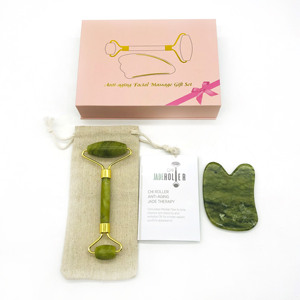 Gift box logo printed green jade face roller with gua sha board beauty facial massage jade roller guasha set
