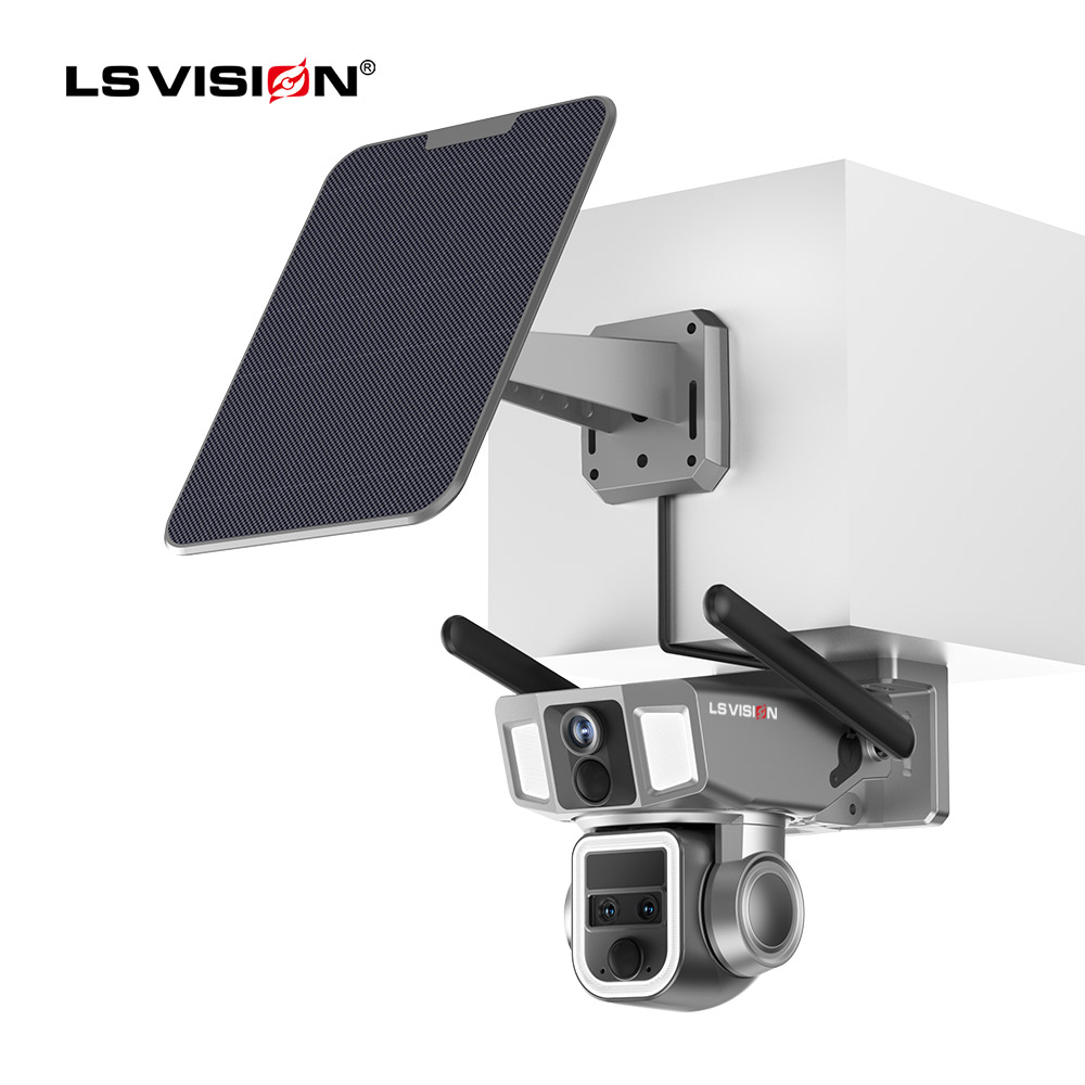 LS VISION 4G Wi-Fi двухэкранная камера видеонаблюдения на солнечной батарее 4MP наружная трехобъективная камера с 10-кратным увеличением, автоматическое отслеживание, двойное Обнаружение PIR