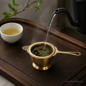 Infusore per Tè con Base a Tazza in Acciaio Inossidabile 201 304, Rete Fine, Manico Lungo Decorato, Finitura Spazzolata Oro Argento, Resistente alla Ruggine, Facile <span class=keywords><strong>da</strong></span> Usare - Product Image 2