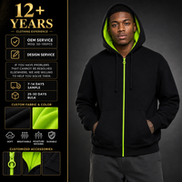 Sweat-shirt à capuche zippé pour homme, doublure vert fluo contrastant, style streetwear décontracté, manches longues, avec poche kangourou
