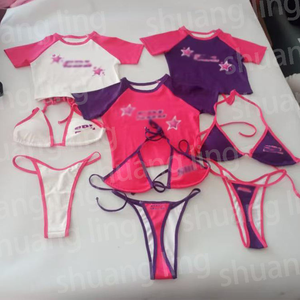 Ensemble de maillots de <span class=keywords><strong>bain</strong></span> de luxe pour femmes 2026, avec logo personnalisé, sexy, 3 pièces, pour le fitness, comprenant un micro mini bikini, un t-<span class=keywords><strong>shirt</strong></span> court et un maillot de <span class=keywords><strong>bain</strong></span> uni à motif fruité - Product Image 6