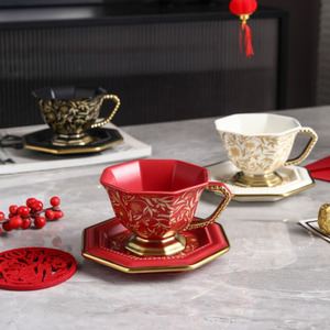 Tasse à café et soucoupe octogonales dorées <span class=keywords><strong>Mandala</strong></span>, tasse en céramique de haute qualité au design exquis avec bordure dorée à la main - Product Image 2