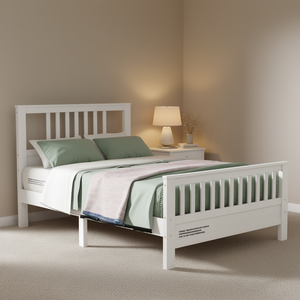 Lit plateforme moderne en bois blanc avec tête et pied de lit en bois massif, design scandinave, taille double - Product Image 2