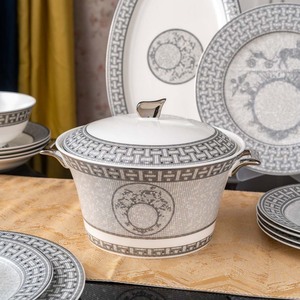 ชุดอาหารค่ำลายโมเสคสีเทาหรูหรา ชุดจานชามพอร์ซเลนขายดี 58 ชิ้น สำหรับสิบคน - Product Image 4