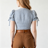 Chemisier pour femme à manches courtes bouffantes, motif carreaux bleus et blancs, avec bordure en dentelle et poignets à nouer, chemise intérieure pour Dirndl bavarois d'Oktoberfest