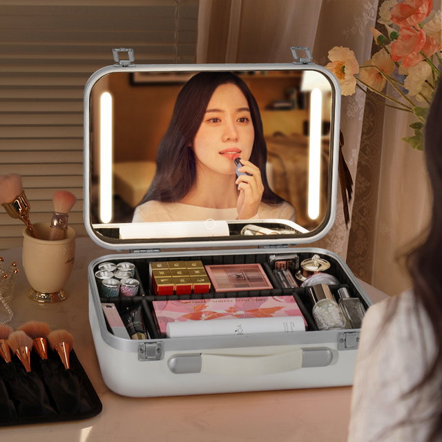 Portable Makeup case with Led Lights Travel Makeup Train case with Mirror Professional Makeup case Box with  Dividers