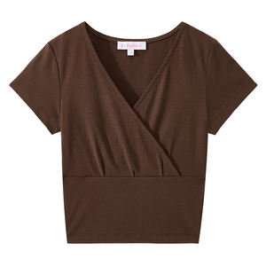 Blusa Elegante y Entallada, 95% Algodón, 5% Elastano, Transpirable, Cuello en V, Plisada, Corta, para Mujer, Producto de Verano para Vacaciones - Product Image 1