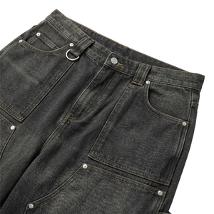 TOPSHOW Jean cargo vintage en denim coupe large super ample délavé moyen couleur unie avec double genouillère cloutée personnalisée - Product Image 4