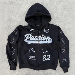 Vente en gros Sweat à capuche zippé pour homme, 100% Coton 500 GSM, coupe ample à épaules tombantes, avec strass, motif graphique personnalisé, style streetwear Y2K - Product Image 2