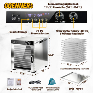 جهاز تجفيف الطعام المنزلي بـ 12 صينية، تحكم في درجة الحرارة من 86 إلى 194 فهرنهايت، 5 ذاكرات مخصصة، مؤقت 48 ساعة، مجفف لحوم من الفولاذ المقاوم للصدأ - Product Image 6