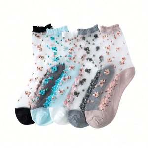 Calcetines de tubo medio para mujer, de verano, con estampado floral, transparentes, de encaje floral, transpirables, finos, estilo coreano y japonés - Product Image 1