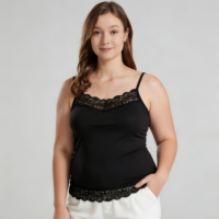 Débardeur Camisole Grande Taille Écologique pour Femme avec Bordure en Dentelle, Col en V, Bretelles Fines, Sans Manches, en Modal Extensible Doux sur le Devant