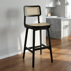 Silla de Bar Moderna y Resistente con Asiento y Respaldo de Ratán, Base Cromada y Estructura de Madera Negra para Hogar, Bar, Hotel, Comedor, Cafetería y Restaurante - Product Image 3