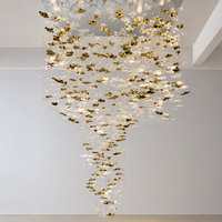 Lustre en verre pour escalier, gouttes de verre transparentes et dorées, luminaire suspendu LED à intensité variable pour plafond haut