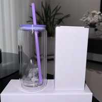 Gobelet en verre à double paroi de 16 oz pour sublimation, type boule à neige, avec bouchon à trou pré-percé, sans BPA, couvercles colorés et pailles, emballé en carton