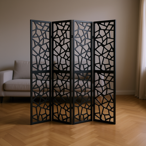 Separador de ambientes plegable de madera DB Giyano de 4 paneles, diseño moderno cortado con láser, color negro, decoración de interiores. - Product Image 2