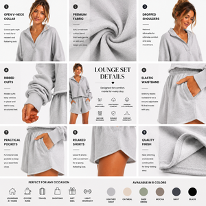 Ensemble survêtement femme gris uni surdimensionné avec sweat à capuche col en V 100 % coton et short, personnalisable pour la vente en gros, par un créateur de mode de luxe - Product Image 2