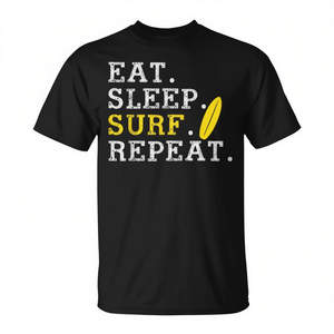 T-shirt avec citation sur le surf, design Eat Sleep Surf Repeat, noir, unisexe - Product Image 2