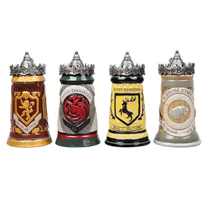 House Stark Stein 22 Oz Ceramic Base with Pewter Baratheon Crown Top Ceramic German Beer Mug