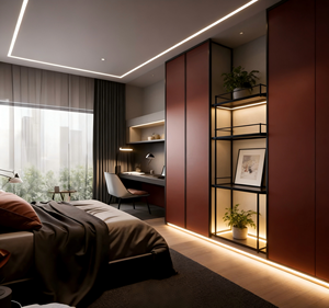 BALOM Customized Burgundy Modern Built-In Closet - Black Trim & LED Lighting, Integrated Desk for <b>Bedroom</b> Home Office - Product Image 2