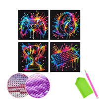 Orfon Lot de 4 sous-verres de peinture diamant 5D, motifs Manette de jeu, Clavier, Trophée, Effet néon, avec diamants ronds, DIY, Vente en gros