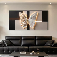 Décoration murale papillon noir et beige de luxe, tableau horizontal effet lumière et ombre, décoration intérieure, peinture murale en porcelaine cristalline
