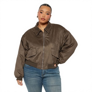 Brown <b>Suede</b> Bomber <b>Jacket</b> With Zipper Closure Turn-down Collar Pockets Casual Loose Fit Autumn Wear - Product Image 1