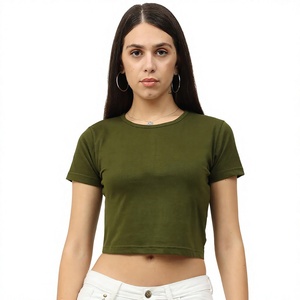 Camiseta Corta Verde Oliva para Mujer, Cuello Redondo, Manga Corta, Color Sólido, Estilo Casual, Primavera-Verano, Tejido de Algodón - Product Image 1
