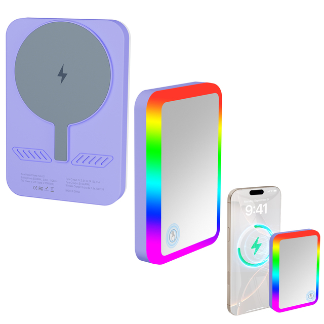 Custom 5000mAh Portable Power Bank with LED Vanity Mirror Makeup Light RGB Ambient Lighting & Emergency Lighting