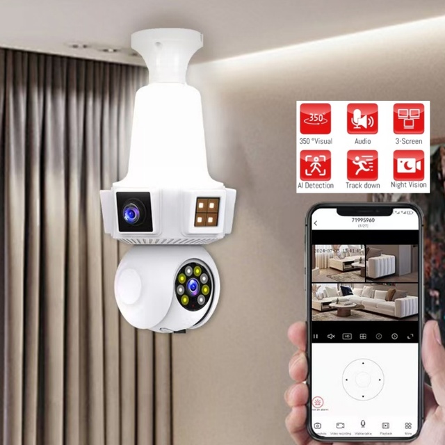 V380 Pro Dual Lens Dual Screen E27 Bulb Camera Light Led 360 Bulb Holder Hidden Camera Wifi Home Security IP Camera