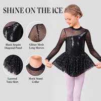 Robe de patinage artistique à manches longues en maille pour filles, justaucorps scintillant à sequins avec jupe, tenue de danse de ballet, costume de scène