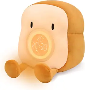 Cute Digital Toast Plush Alarm Clock lamp for Kids Bedroom USB Rechargeable and Temperature Display Dorm Room Decor phone stand