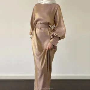 Abaya femmes 2023 jubah musulmane bersinar gaun panjang pergelangan kaki pakaian tanggal gaun panjang dengan sabuk bersinar gaun satin bertahap