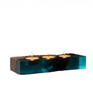 Olive Wood Handmade <b>Square</b> <b>Candle</b> Stand & Epoxy Resin Tealight Holder Modern Office Home Decor - Product Image 2