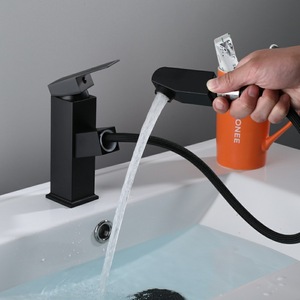 Black Square Single Hole Pull Out Faucet Ceramic Valve Minimalist Basin Faucet For Washbasin - Product Image 1