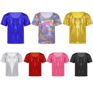 T-shirt à sequins pour filles, manches courtes, col rond, hauts brillants holographiques métalliques, pour spectacle de danse, scène, personnalisable pour enfants - Product Image 1