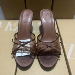 F124 ZA Ciabatte con Tacco Alto di Qualità per Donne, <span class=keywords><strong>Eleganti</strong></span> Sandali a Rete con Fiocco, <span class=keywords><strong>Slip</strong></span>-<span class=keywords><strong>on</strong></span> con Tacco, Vendita all'Ingrosso, Ciabatte Estive Marroni e Nere - Product Image 3