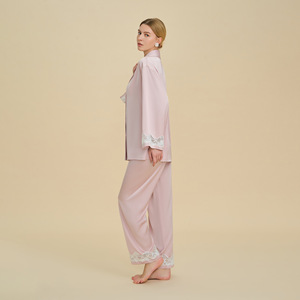 Ensemble de pyjama en satin pour femmes, pantalon à manches longues, rose pêche, vêtements de nuit pour la maison - Product Image 2