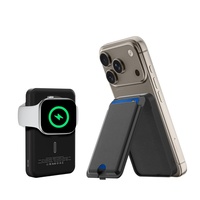 Porte-cartes magnétique en cuir certifié FCC/CE avec support intégré, batterie externe sans fil 15W, sortie 20W, protection contre les surcharges, 5000mAh, cadeau
