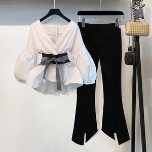 Camicia di moda con maniche a lanterna da donna stile coreano con fiocco a v a righe due pezzi Set da donna camicetta da donna <span class=keywords><strong>e</strong></span> pantaloni a gamba larga - Product Image 1