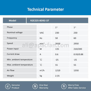 For R2E225-BD92-37 225mm 230VAC 135W 0.6A 2650RPM Ball Bearing AC Motor OEM KUKA Robot Rittal Cabinet Centrifugal Cooling - Product Image 3