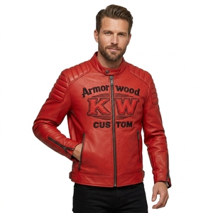 Giacca da Motociclista in Pelle Rossa Impermeabile OEM Originale di Fabbrica, Personalizzata per Uomo con Applicazioni, Ricami, Goffrature e Patchwork in Pelle Bovina - Product Image 1