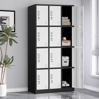 Casier à 12 portes pour supermarché, avec plusieurs compartiments, doté de cadres noirs et d'intérieurs blancs, armoire de rangement