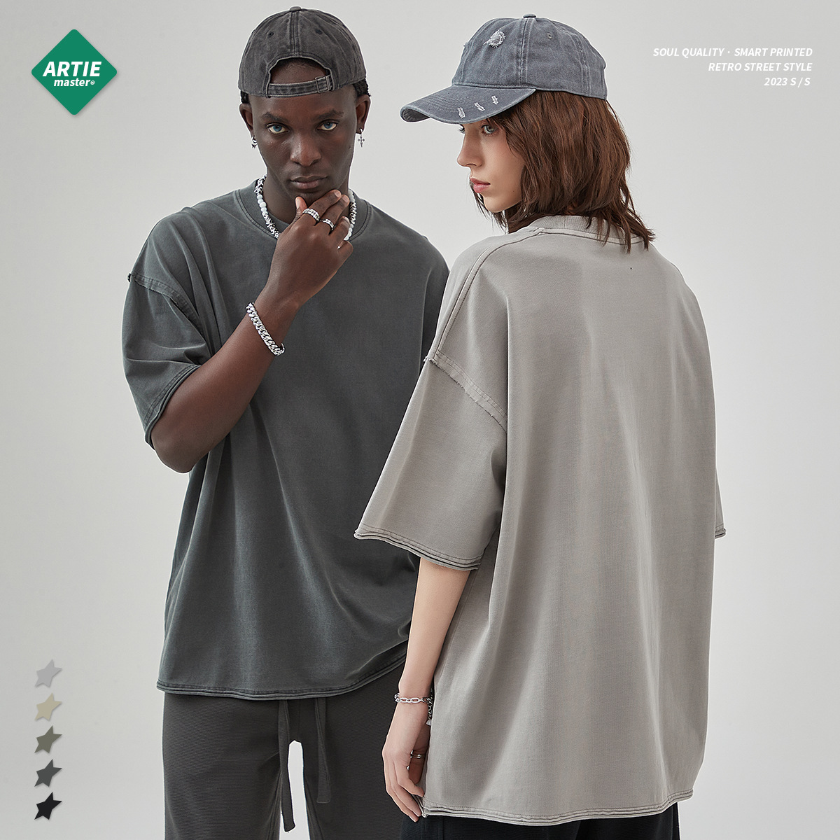 [ ] Vintage Wash Print T-Shirt ★大人気★ Fried Snowflakes Streetwear Unisex Heavyweight Drop Shoulder
